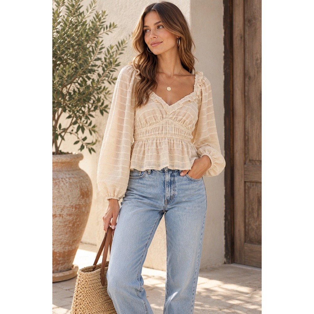ASTR The Label Cream Sheer Stripe Peplum Blouse XL Puff Sleeve Ruffle Top